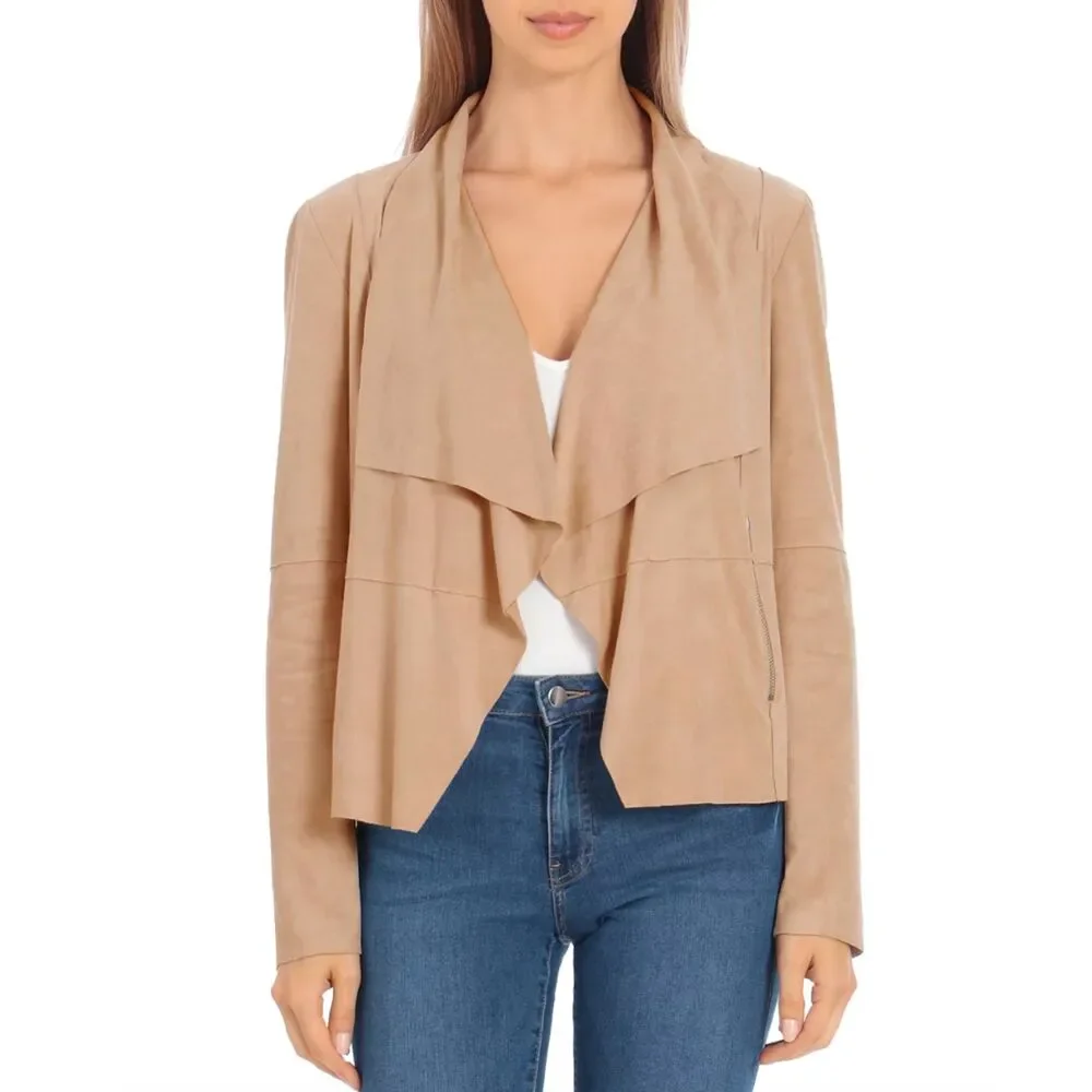 NWOT Bagatelle Faux-Suede Drape Front Jacket (L) in Oat / Tan Moto Zip Pockets